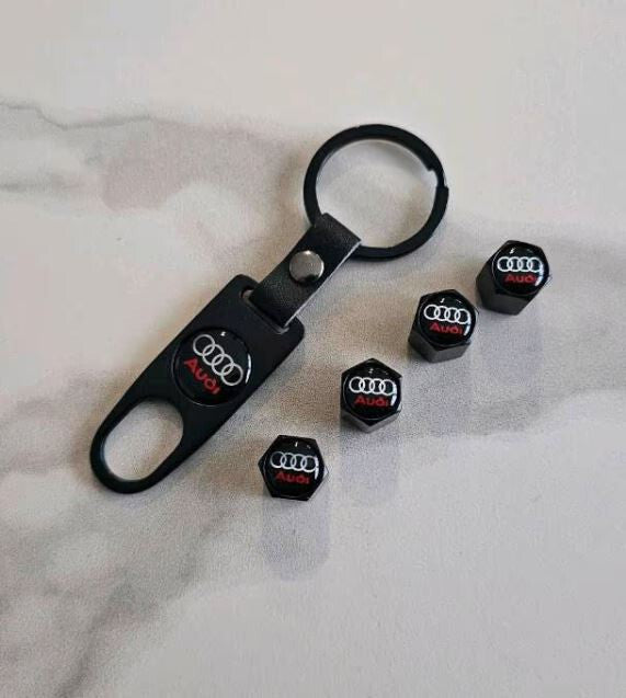 Audi Schlüsselanhänger + 4 Ventilkappen Luftkappen Geschenkset Raddeckel schwarz