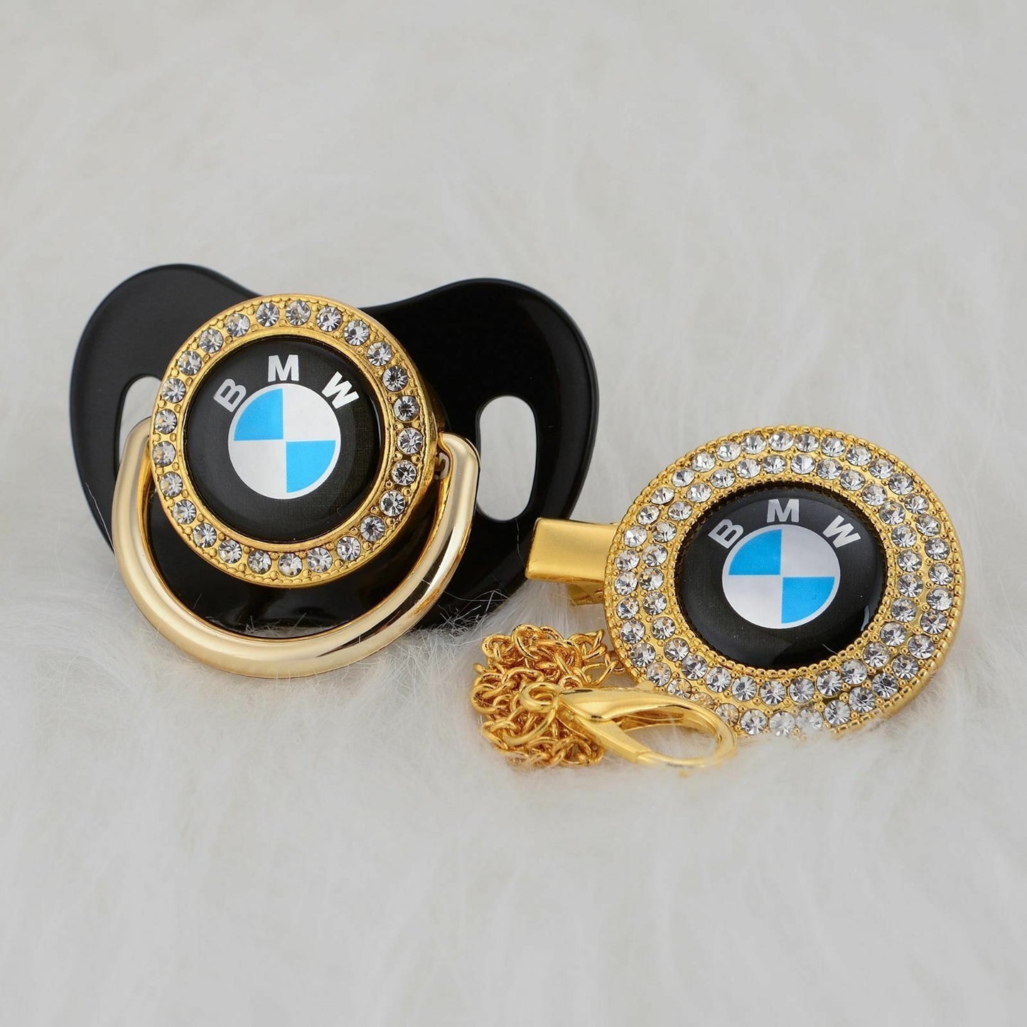 Premium Baby Schnuller BMW schwarz-gold mit Clip & Geschenkbox
