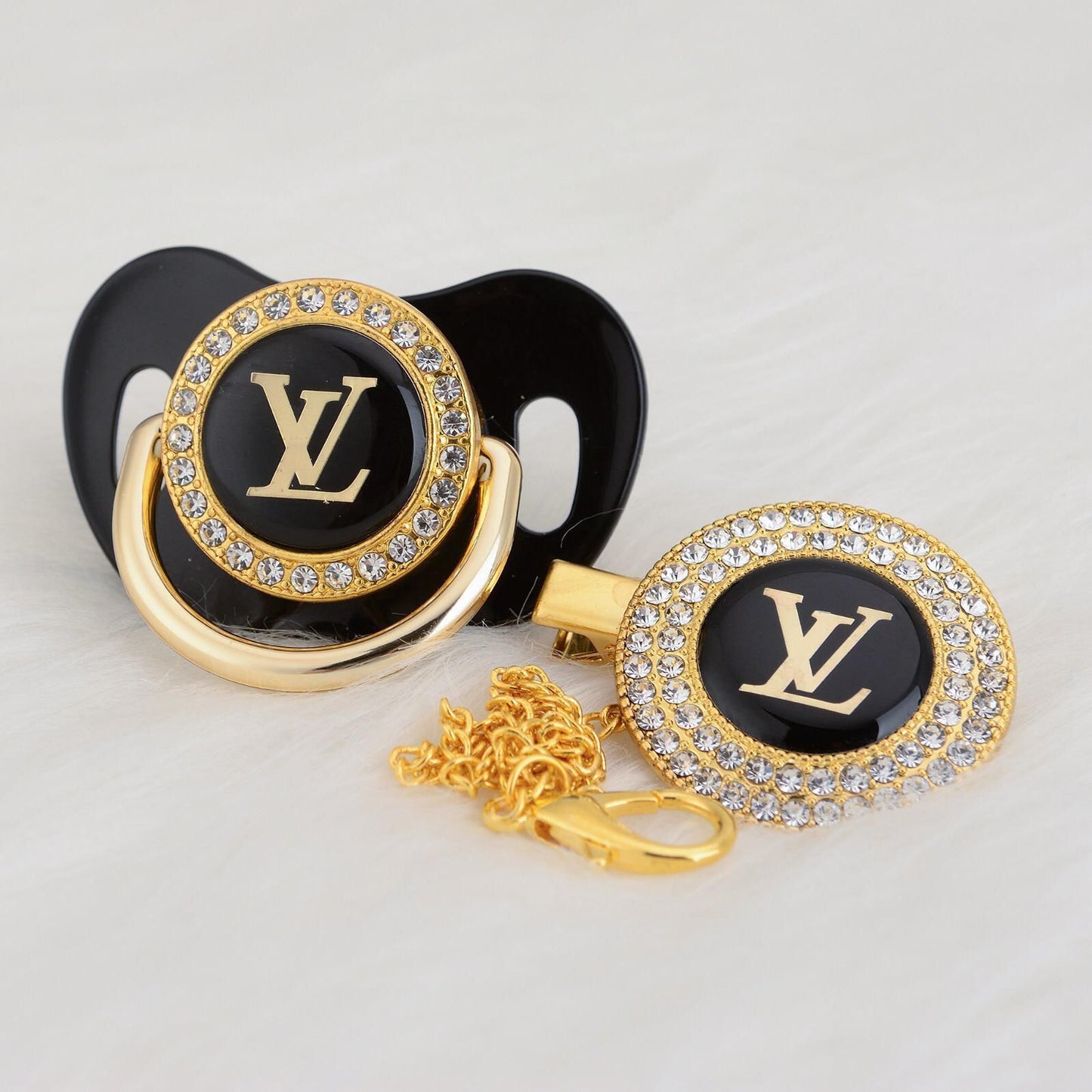 Premium Baby Schnuller louis vuitton schwarz-gold mit Clip & Geschenkbox