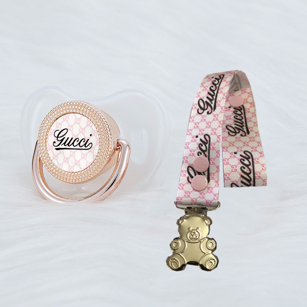 Premium Baby Schnuller Gucci Transparent-rosa passender Schnullerband mit Teddybär Clipser mit Clip & Geschenkbox