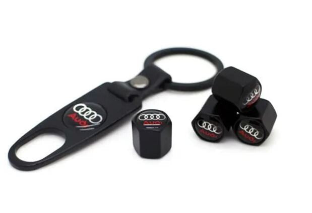 Audi Schlüsselanhänger + 4 Ventilkappen Luftkappen Geschenkset Raddeckel schwarz