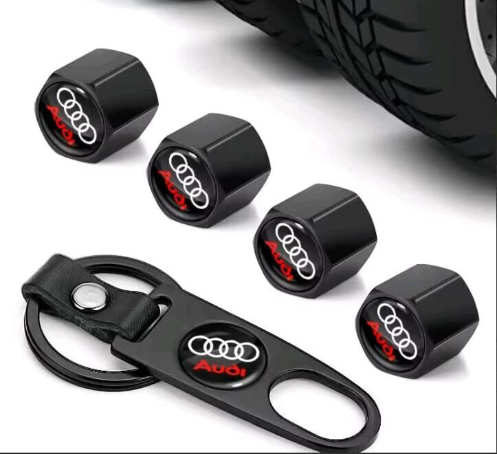 Audi Schlüsselanhänger + 4 Ventilkappen Luftkappen Geschenkset Raddeckel schwarz
