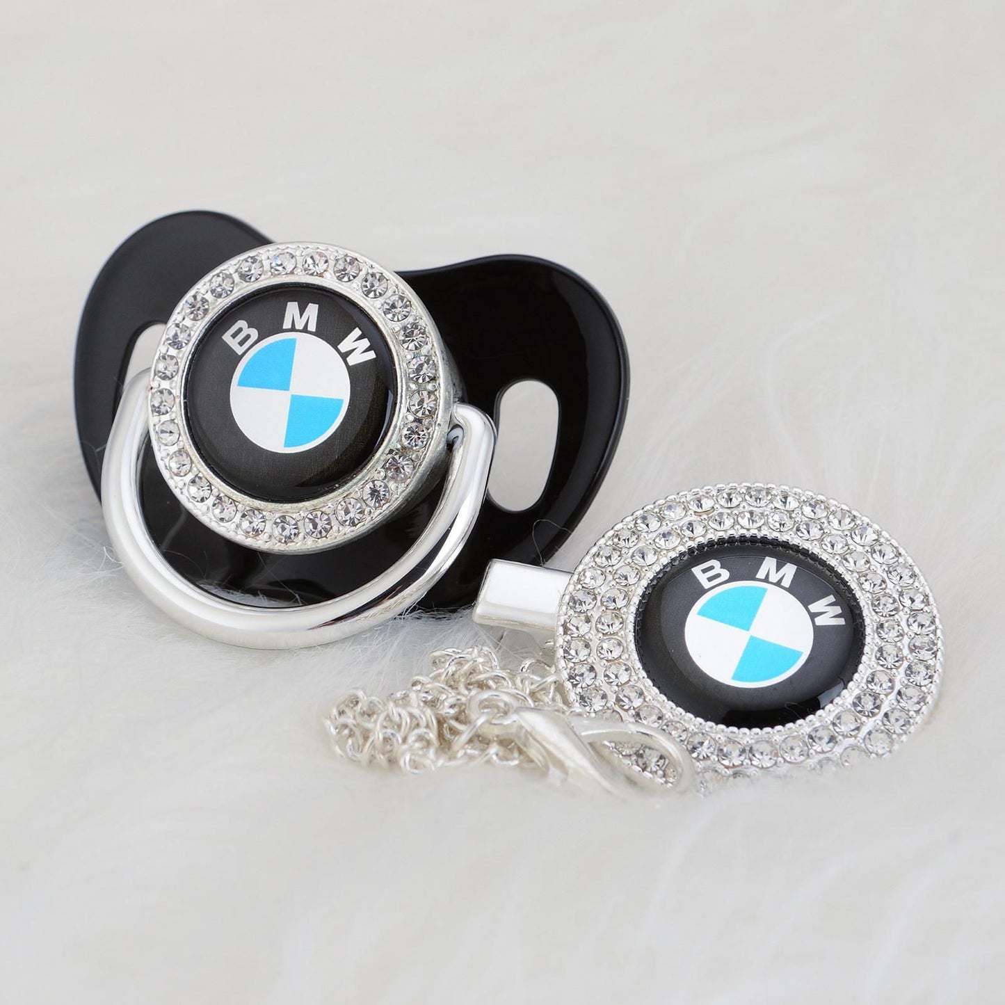 Premium Baby Schnuller BMW schwarz-silder mit Clip & Geschenkbox