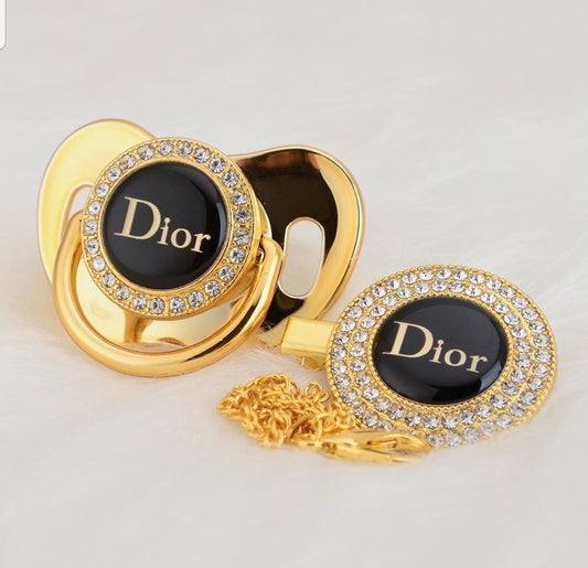 Premium Baby Schnuller Dior gold-schwarz mit Clip & Geschenkbox
