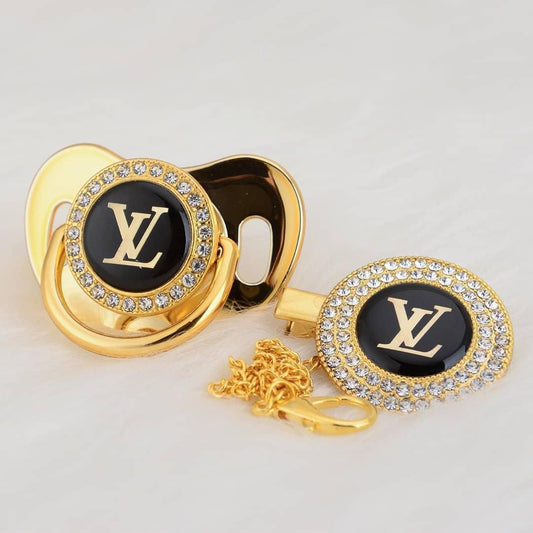 Premium Baby Schnuller louis vuitton gold-schwarz mit Clip & Geschenkbox