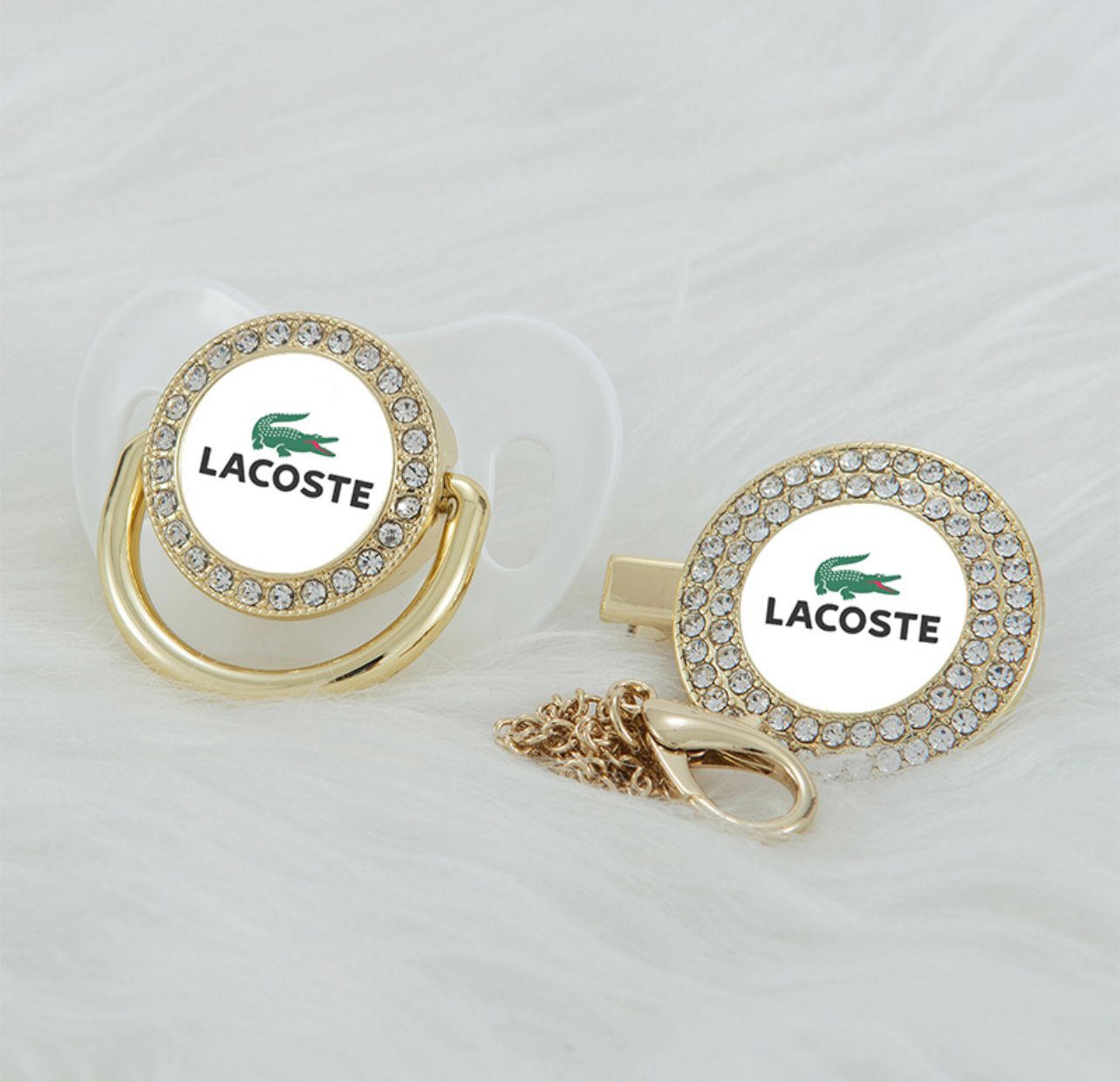 Premium Baby Schnuller Lacoste Transparent-weiß mit Clip & Geschenkbox