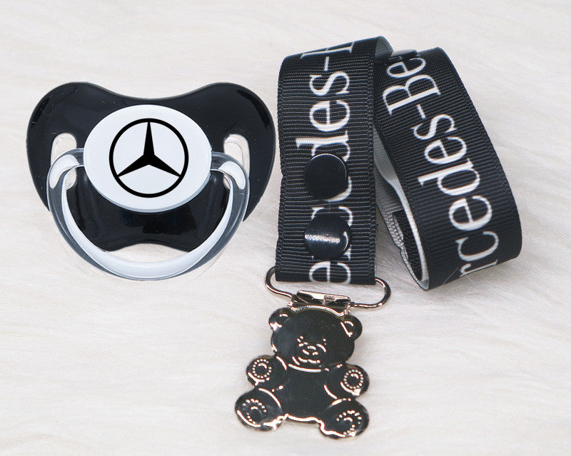 Premium Baby Schnuller Mercedes-Benz schwarz-weiß passender Schnullerband mit Teddybär Clipser mit Clip & Geschenkbox