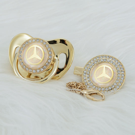Premium Baby Schnuller Mercedes-Benz gold mit Clip & Geschenkbox