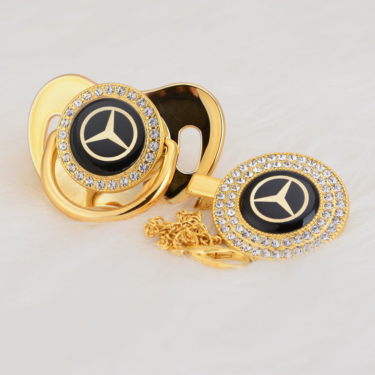 Premium Baby Schnuller Mercedes-Benz gold-schwarz mit Clip & Geschenkbox