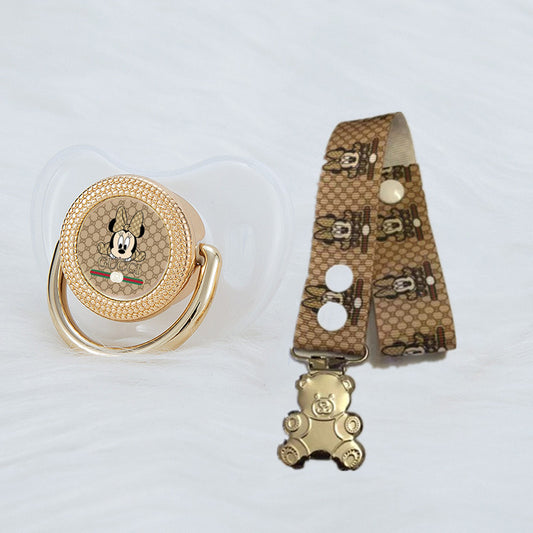 Premium Baby Schnuller Gucci Transparent-beige mit Minnie Maus im Druck + passender Schnullerband mit Teddybär Clipser mit Clip & Geschenkbox