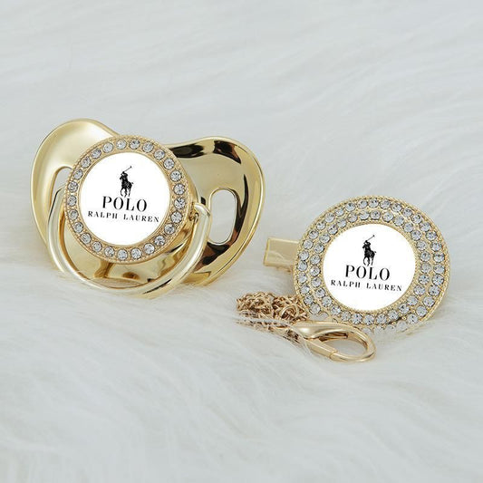 Premium Baby Schnuller Ralph Lauren gold-weiß mit Clip & Geschenkbox