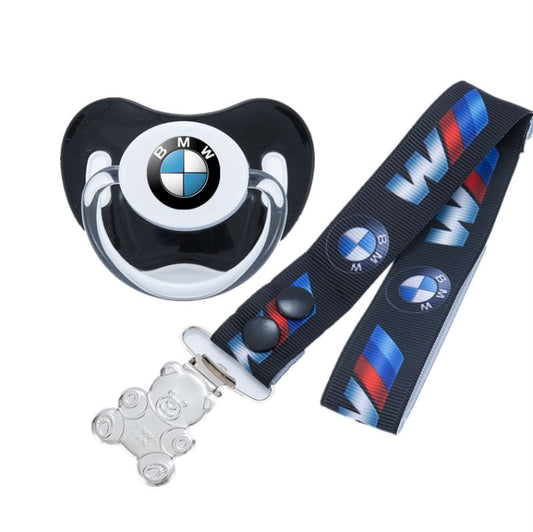 Premium Baby Schnuller BMW schwarz Teddybär Clipser und Band mit BMW Druck mit Clip & Geschenkbox