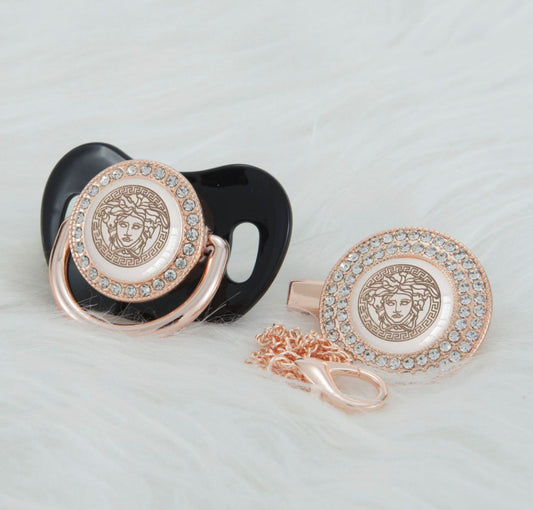Premium Baby Schnuller Versace schwarz mit Clip & Geschenkbox