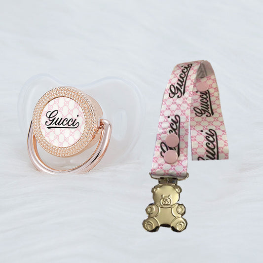Premium Baby Schnuller Gucci Transparent-rosa passender Schnullerband mit Teddybär Clipser mit Clip & Geschenkbox